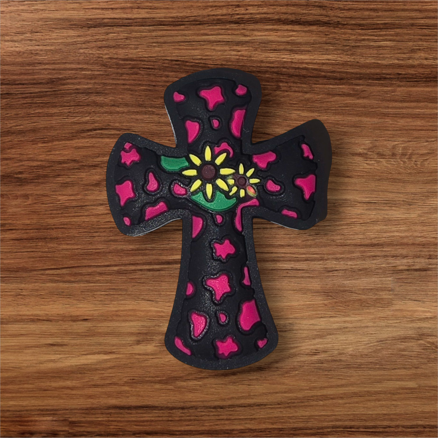 Pink Cow Print Cross Focal Bead