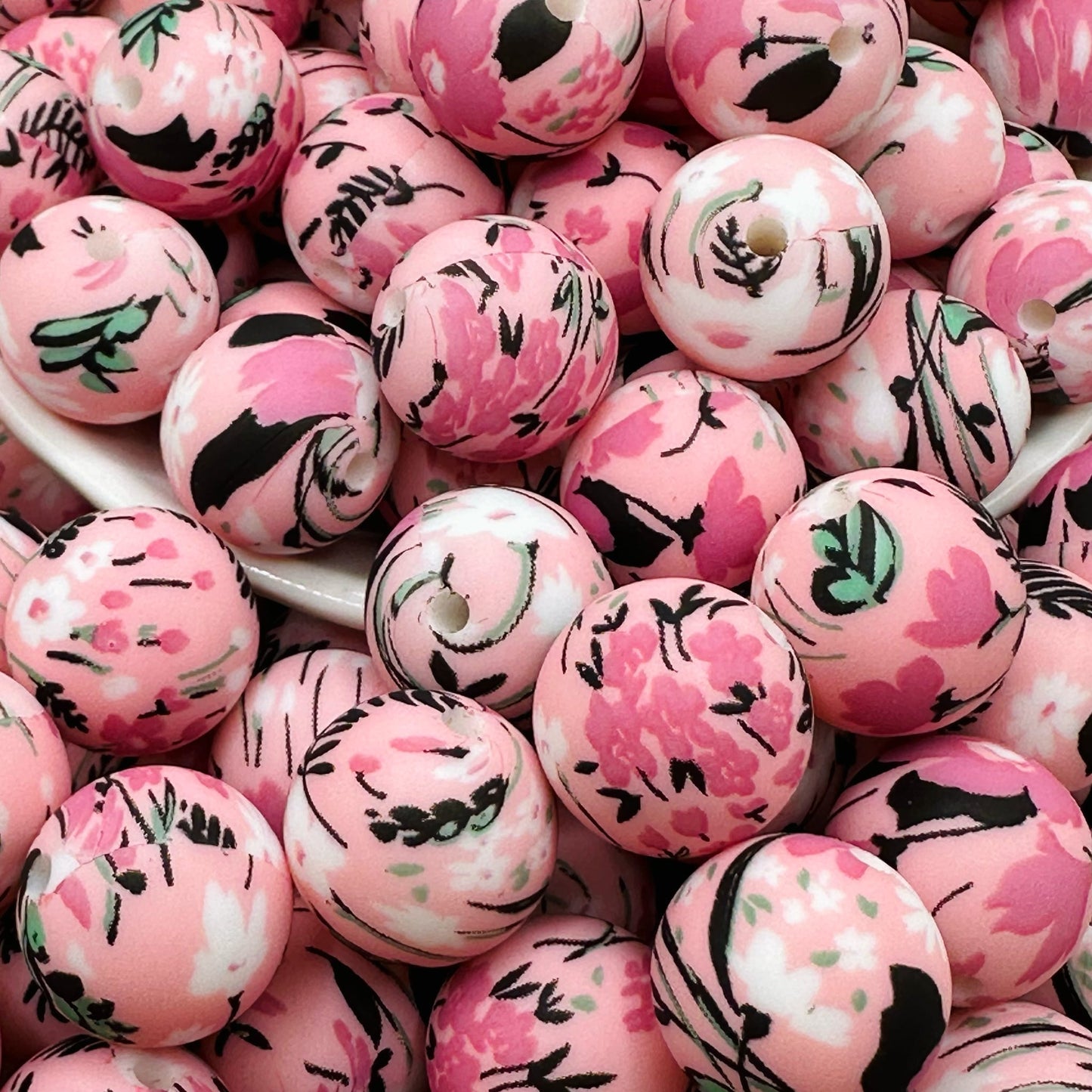 15mm Pink and Teal Floral Silicone Bead