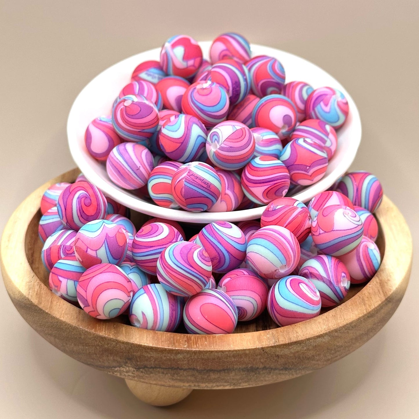 15mm Pink and Blue Swirl Silicone Bead