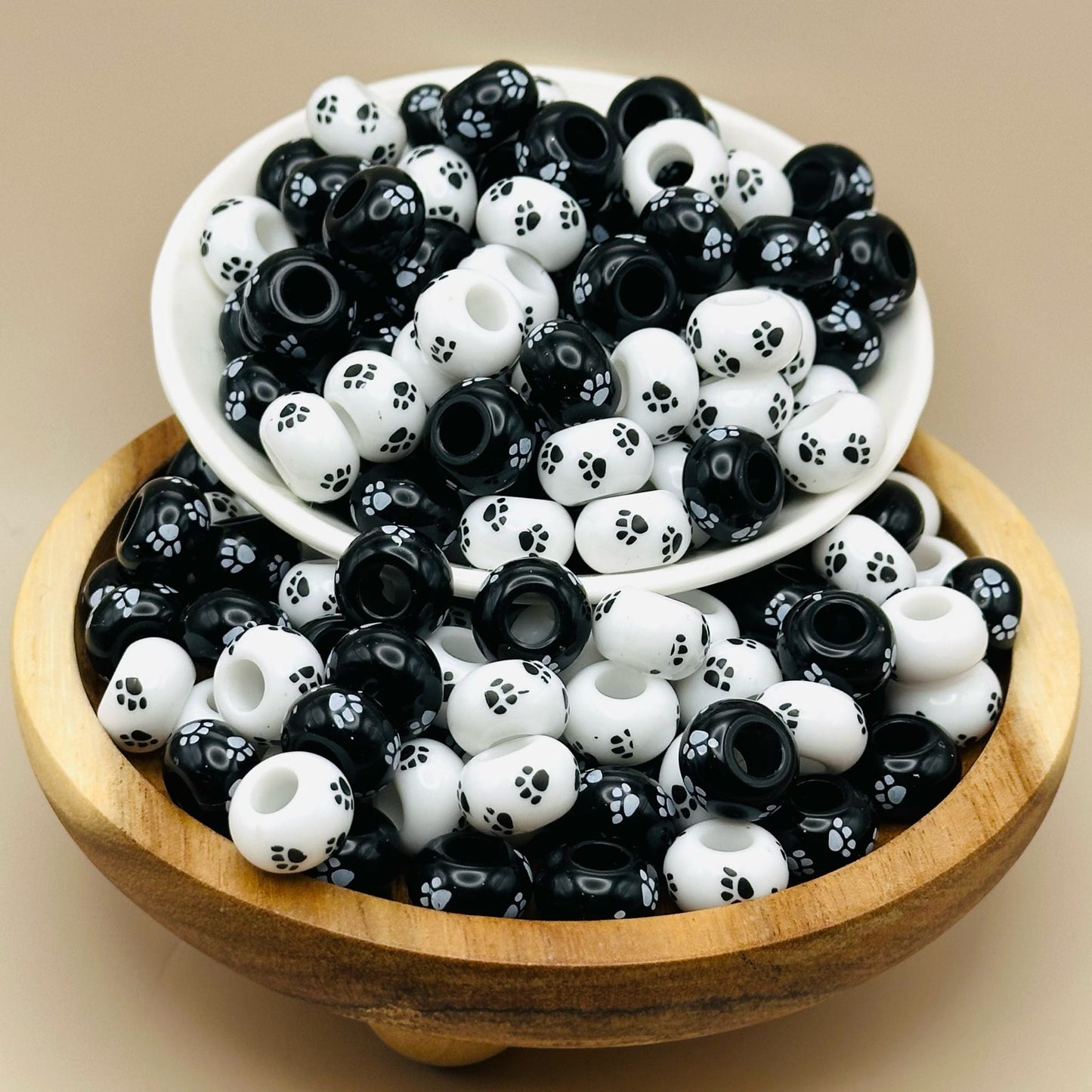 14mm Black and White Paw Print Acrylic Abacus Spacer
