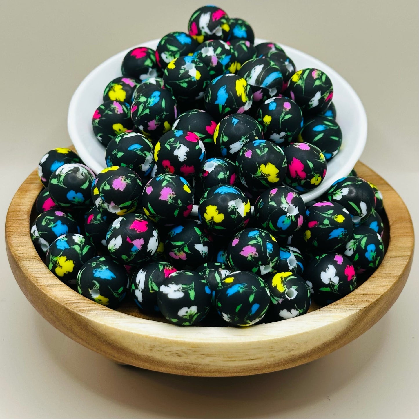 15mm Colorful Flowers on Black Silicone Print Bead
