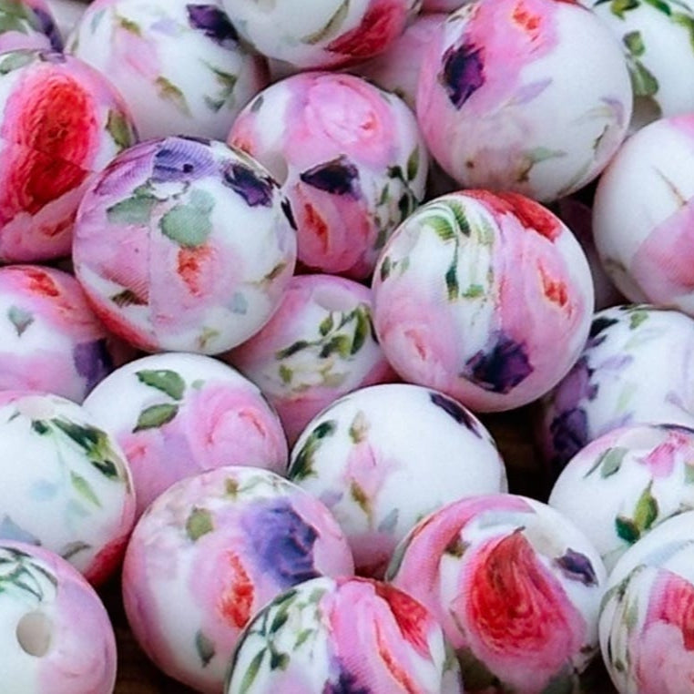 15mm Pink Roses on White Silicone Bead