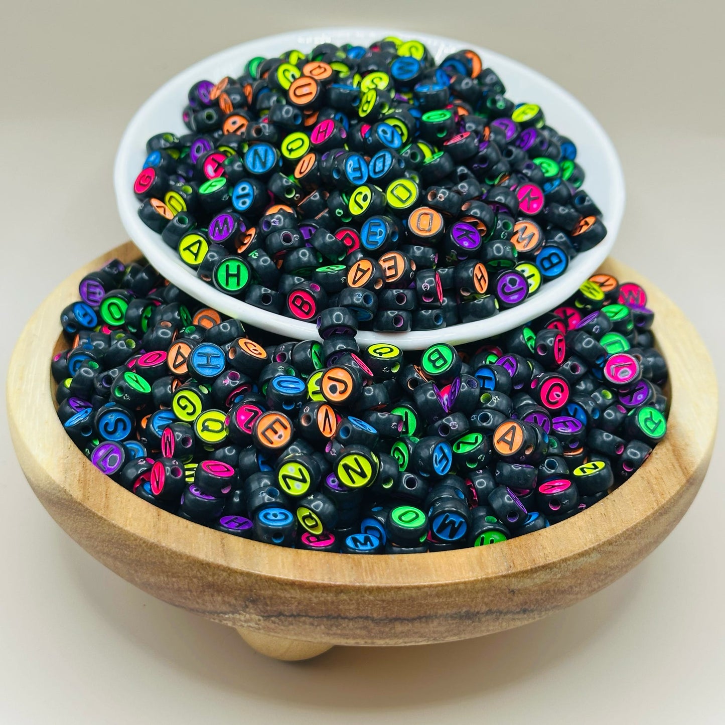 6mm Neon & Black Letter Acrylic Beads