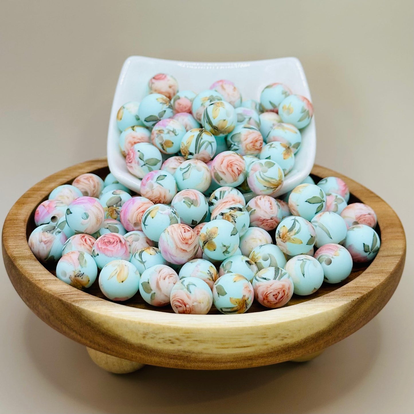 Roses on Mint Silicone Bead