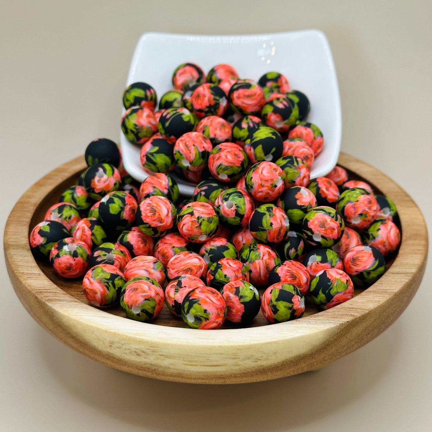Roses on Black Silicone Print Bead