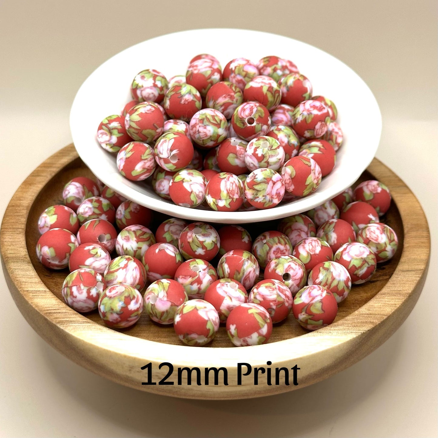 Pink Roses on Red Silicone Bead