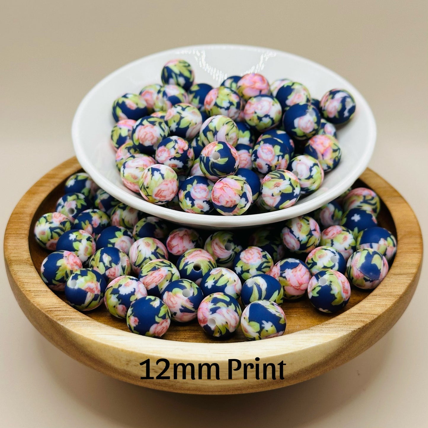 Roses on Navy Silicone Bead