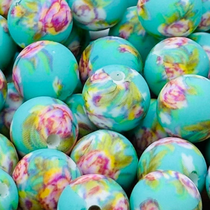 15mm Roses on Teal Printed Silicone Bead