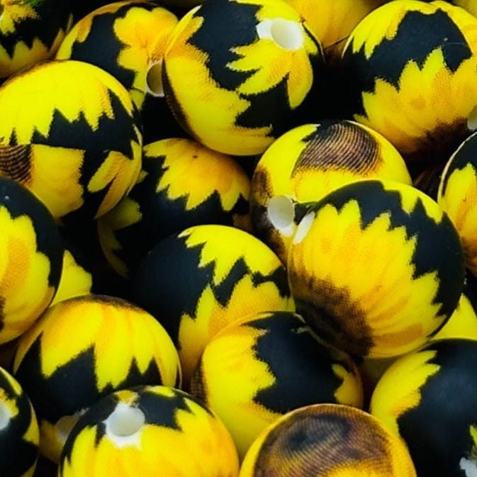 15mm Sunflowers on Black Silicone Bead