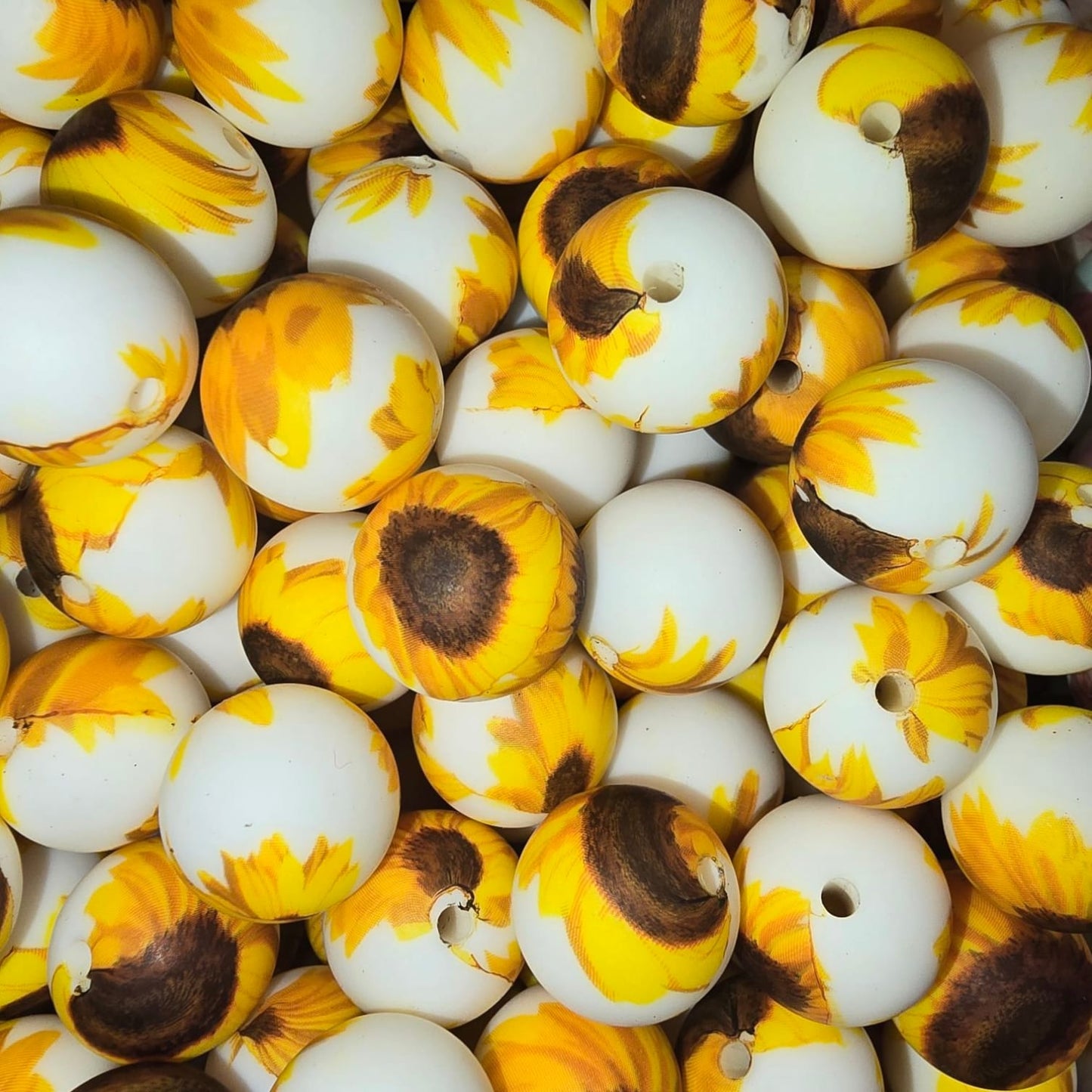 15mm Sunflowers on White Silicone Bead