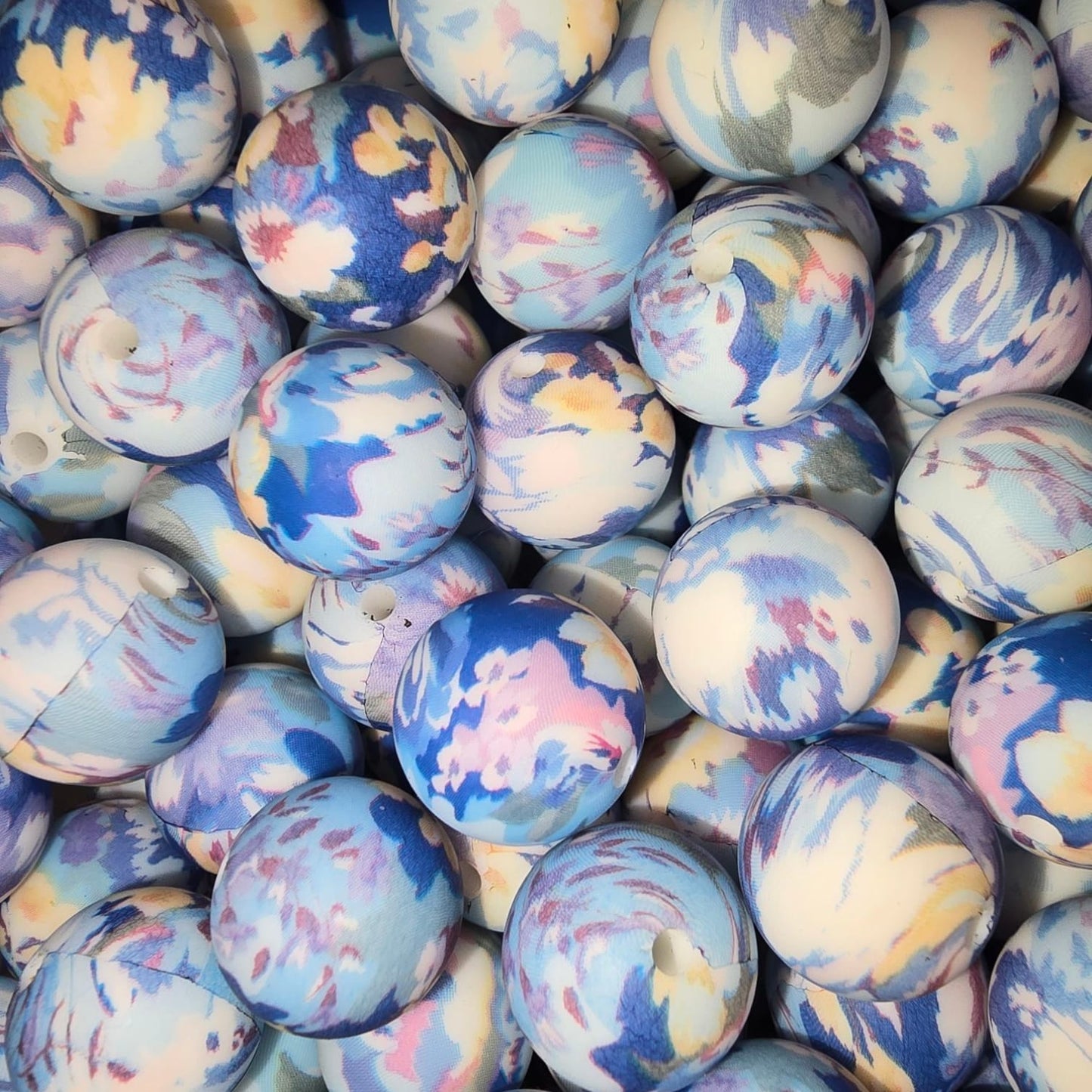 15mm Muted Blues Floral Silicone Print Bead