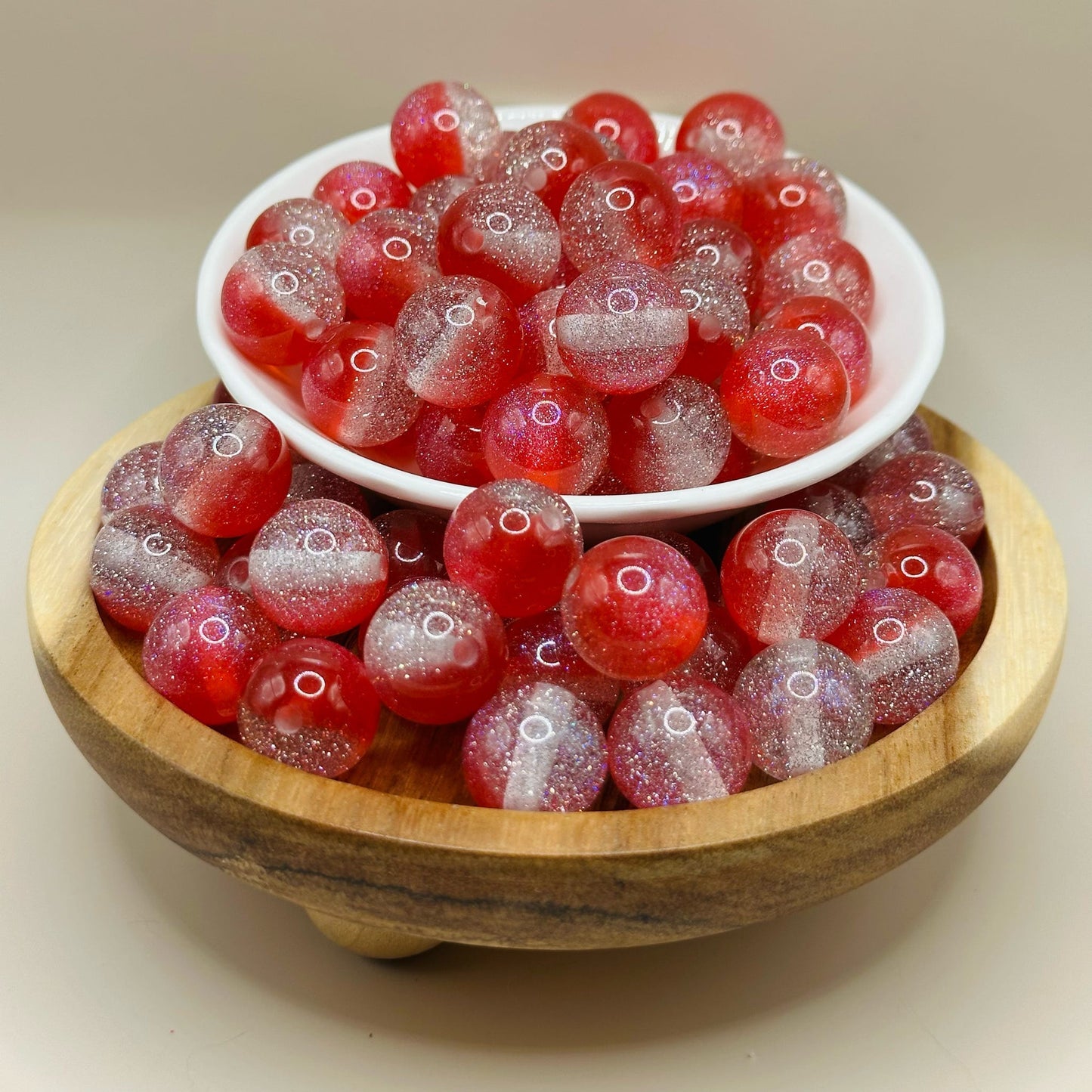 16mm Red and Clear Ombre Glitter Acrylic Bead
