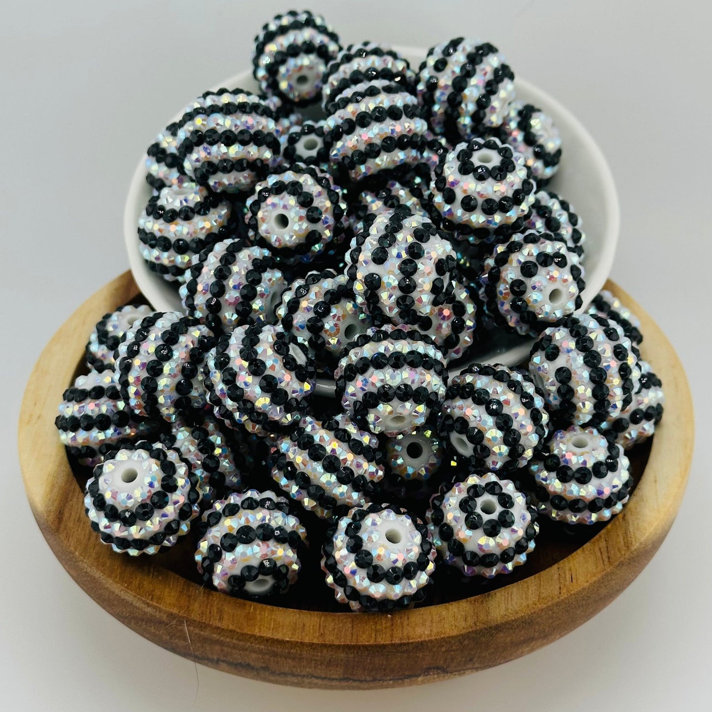 20mm Black and Silver Stripe Rhinestone Acrylic Beads