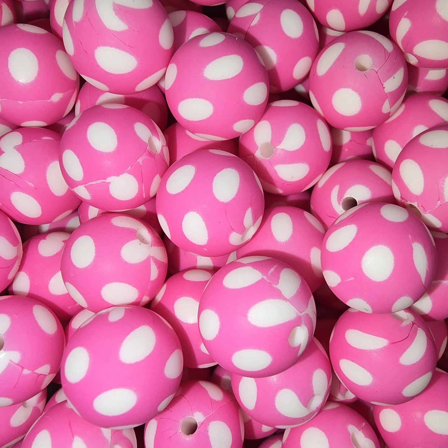 15mm Pink and White Polka Dot Silicone Bead