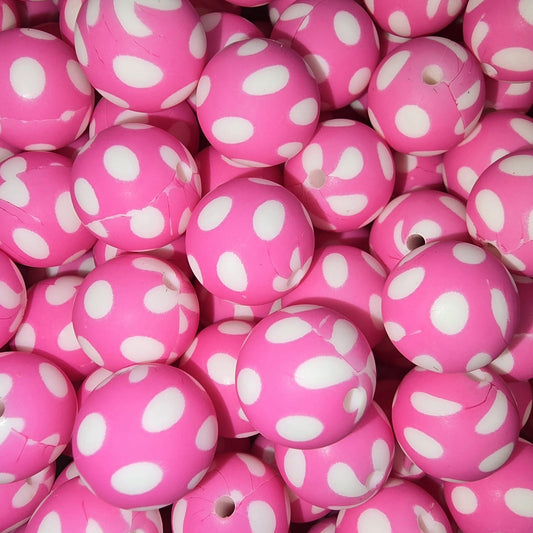 15mm Pink and White Polka Dot Silicone Bead