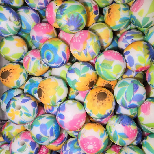 15mm Pop of Spring Floral Print Silicone Bead